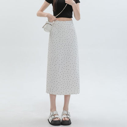 Black High Waist Polka Dot Slit Midi Straight Skirt - Altfashion Shop
