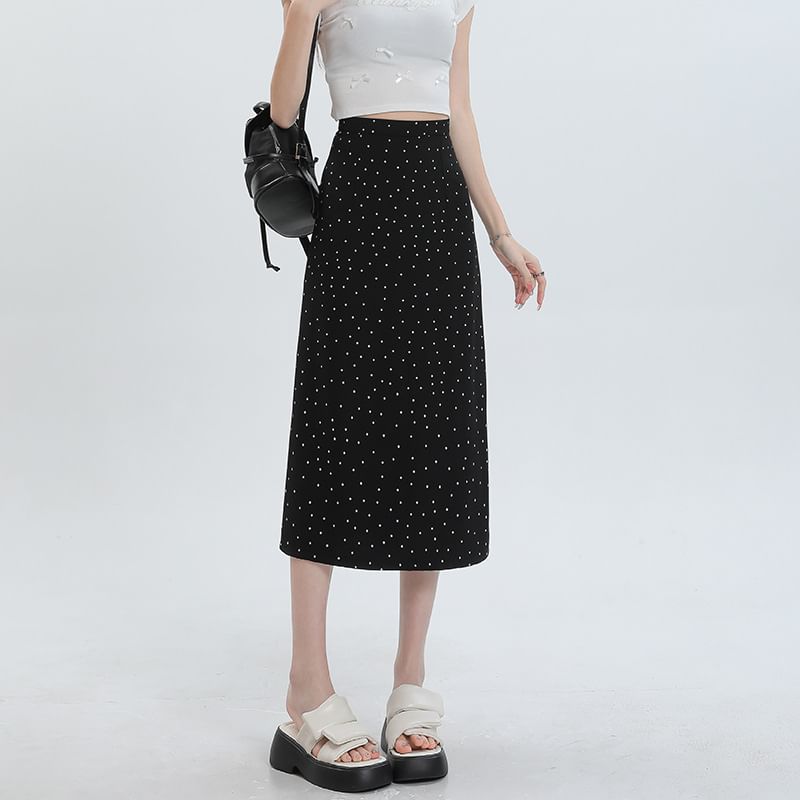 Black High Waist Polka Dot Slit Midi Straight Skirt - Altfashion Shop