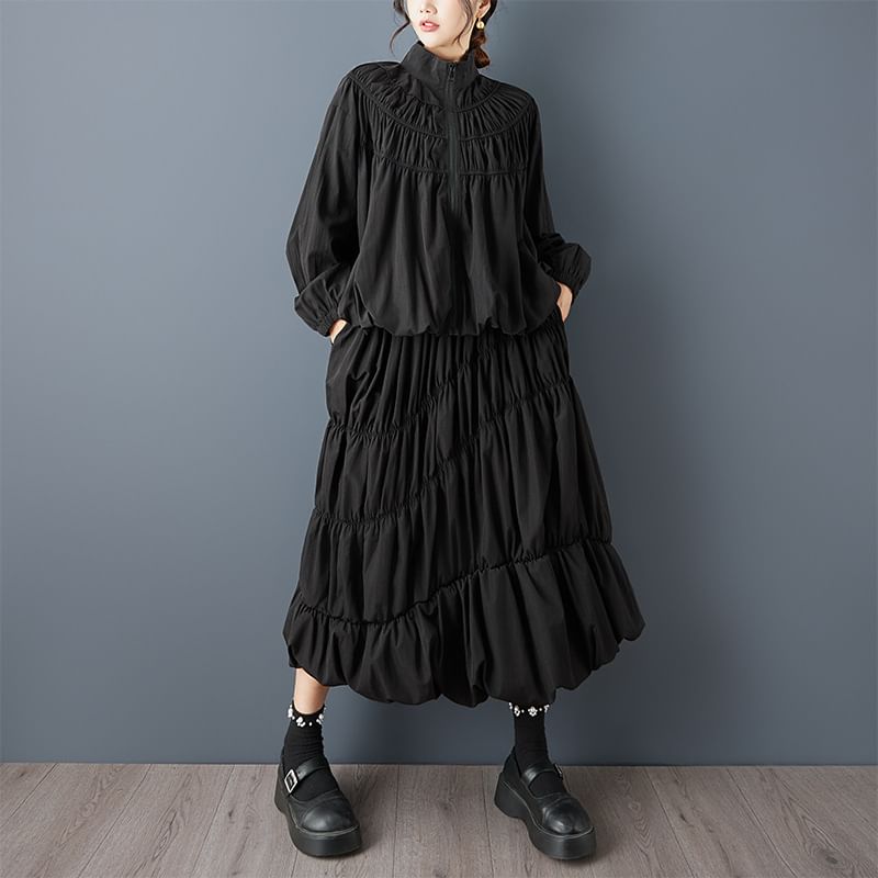 Stand Collar Jacket and Midi Skirt Set - Altfashion Shop