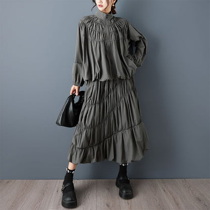Stand Collar Jacket and Midi Skirt Set - Altfashion Shop