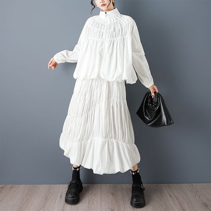 Stand Collar Jacket and Midi Skirt Set - Altfashion Shop