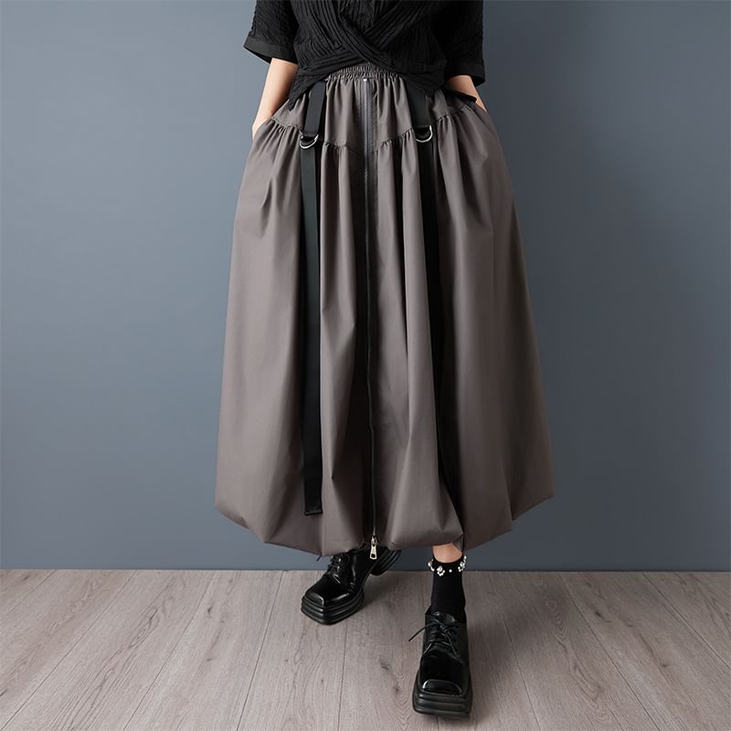 Solid Midi A-Line Skirt with Zip - Altfashion Shop