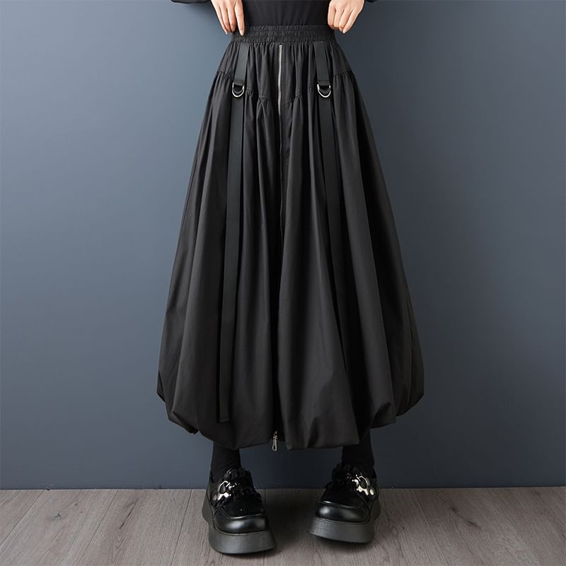 Solid Midi A-Line Skirt with Zip - Altfashion Shop