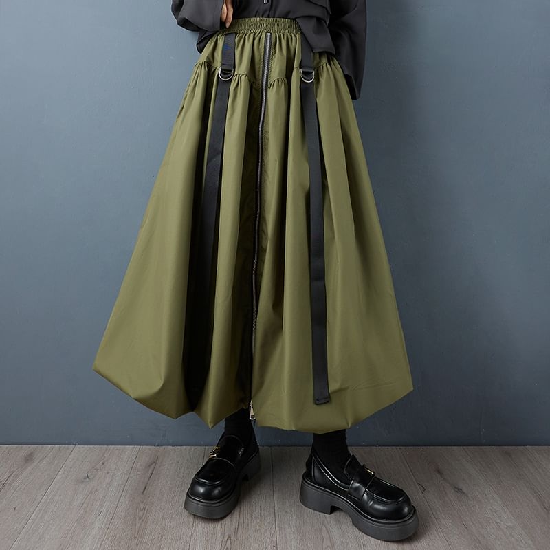 Solid Midi A-Line Skirt with Zip - Altfashion Shop
