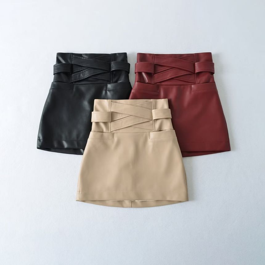 Black High Waist Plain Panel Faux Leather Mini Pencil Skirt - Altfashion Shop
