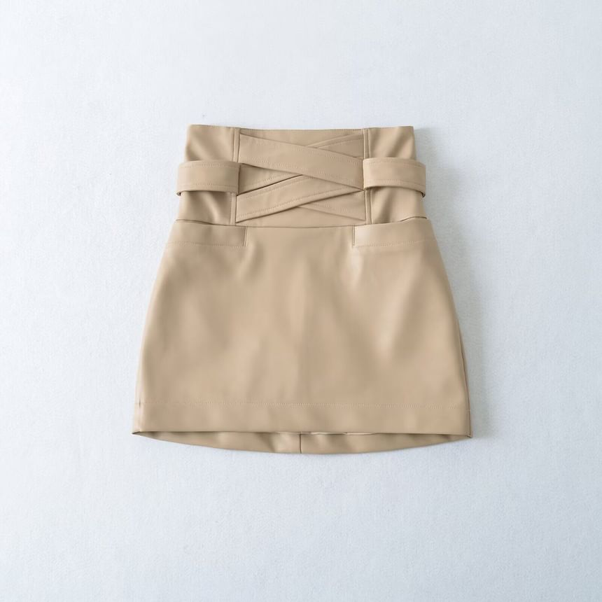 Black High Waist Plain Panel Faux Leather Mini Pencil Skirt - Altfashion Shop