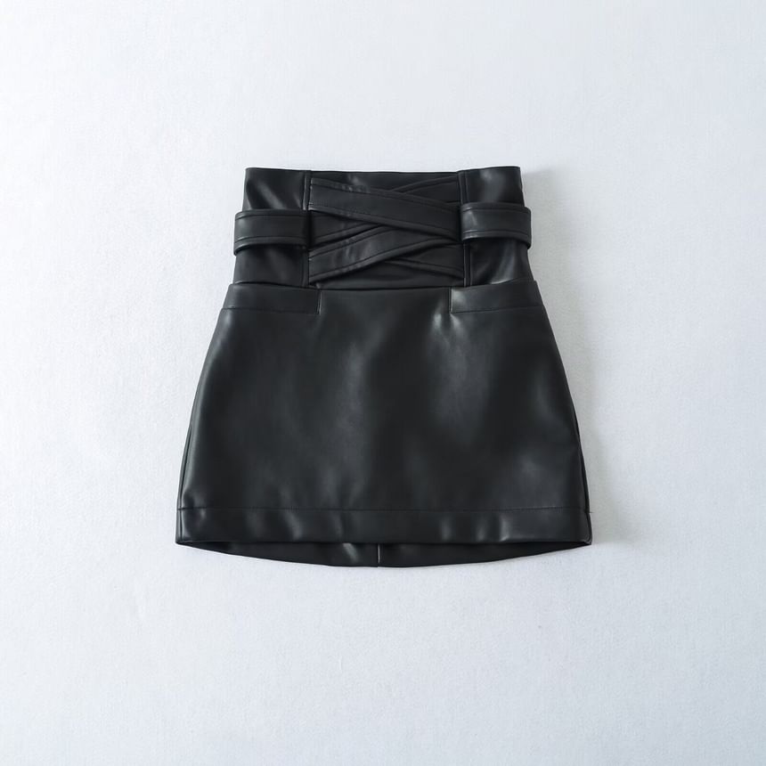 Black High Waist Plain Panel Faux Leather Mini Pencil Skirt - Altfashion Shop