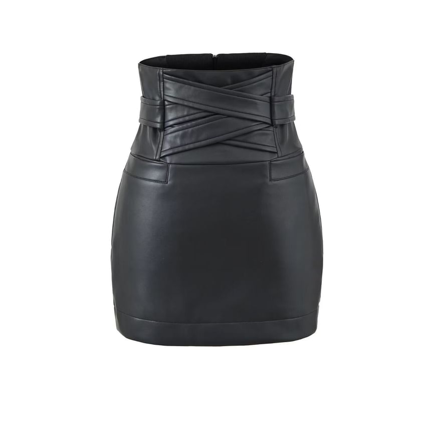 Black High Waist Plain Panel Faux Leather Mini Pencil Skirt - Altfashion Shop