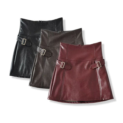 Faux Leather Buckled Mini Skirt - Altfashion Shop