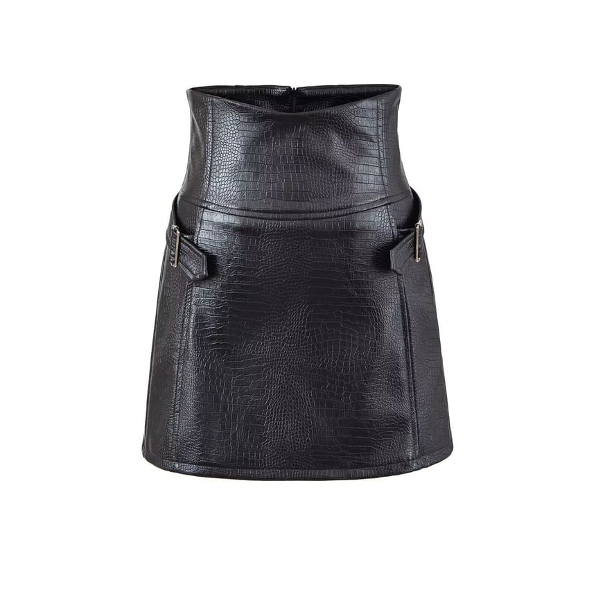 Faux Leather Buckled Mini Skirt - Altfashion Shop