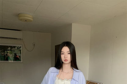 Black Long-Sleeve Plain Shirt with Mini Pleated Skirt and Crop Camisole Top - Altfashion Shop