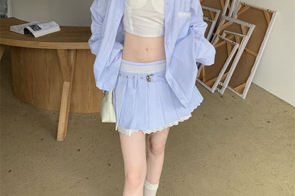 Black Long-Sleeve Plain Shirt with Mini Pleated Skirt and Crop Camisole Top - Altfashion Shop