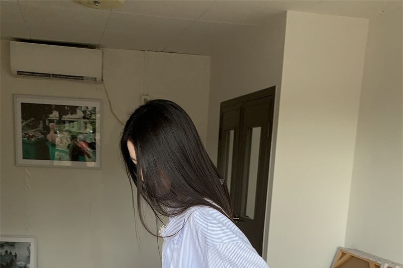 Black Long-Sleeve Plain Shirt with Mini Pleated Skirt and Crop Camisole Top - Altfashion Shop