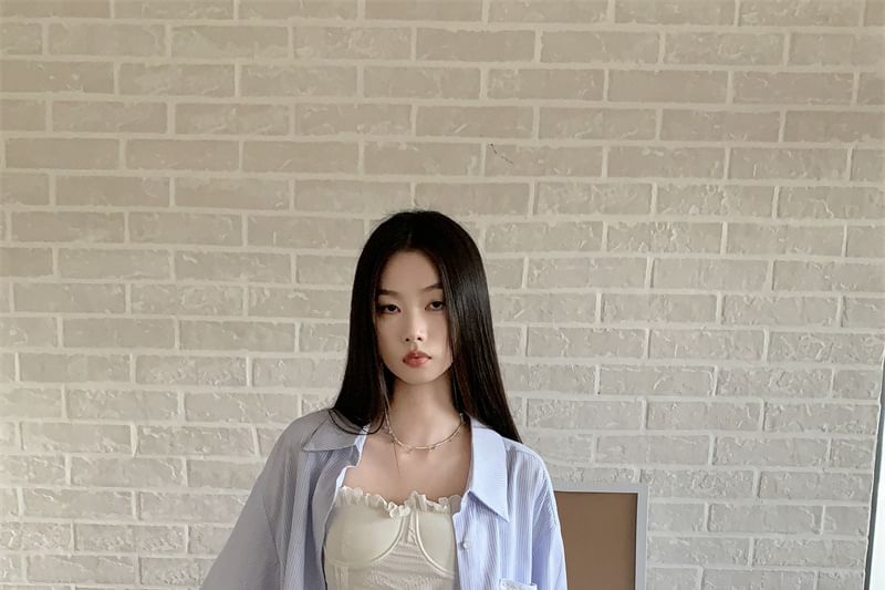Black Long-Sleeve Plain Shirt with Mini Pleated Skirt and Crop Camisole Top - Altfashion Shop