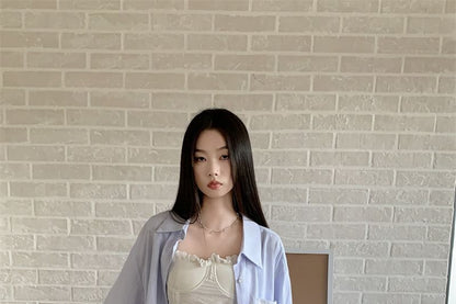 Black Long-Sleeve Plain Shirt with Mini Pleated Skirt and Crop Camisole Top - Altfashion Shop