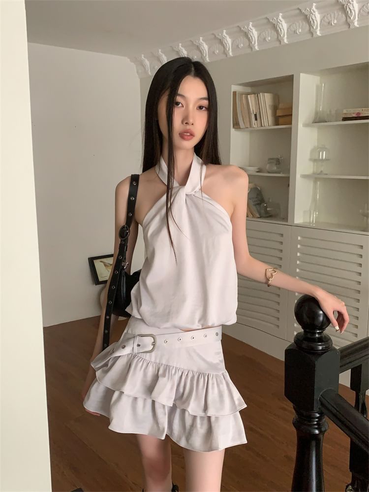 Black Halter Neck Plain Crop Top with Belt Waist Mini Tiered Skirt - Altfashion Shop