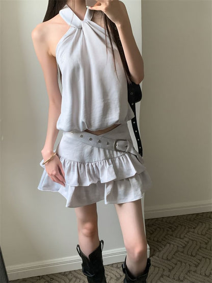 Black Halter Neck Plain Crop Top with Belt Waist Mini Tiered Skirt - Altfashion Shop