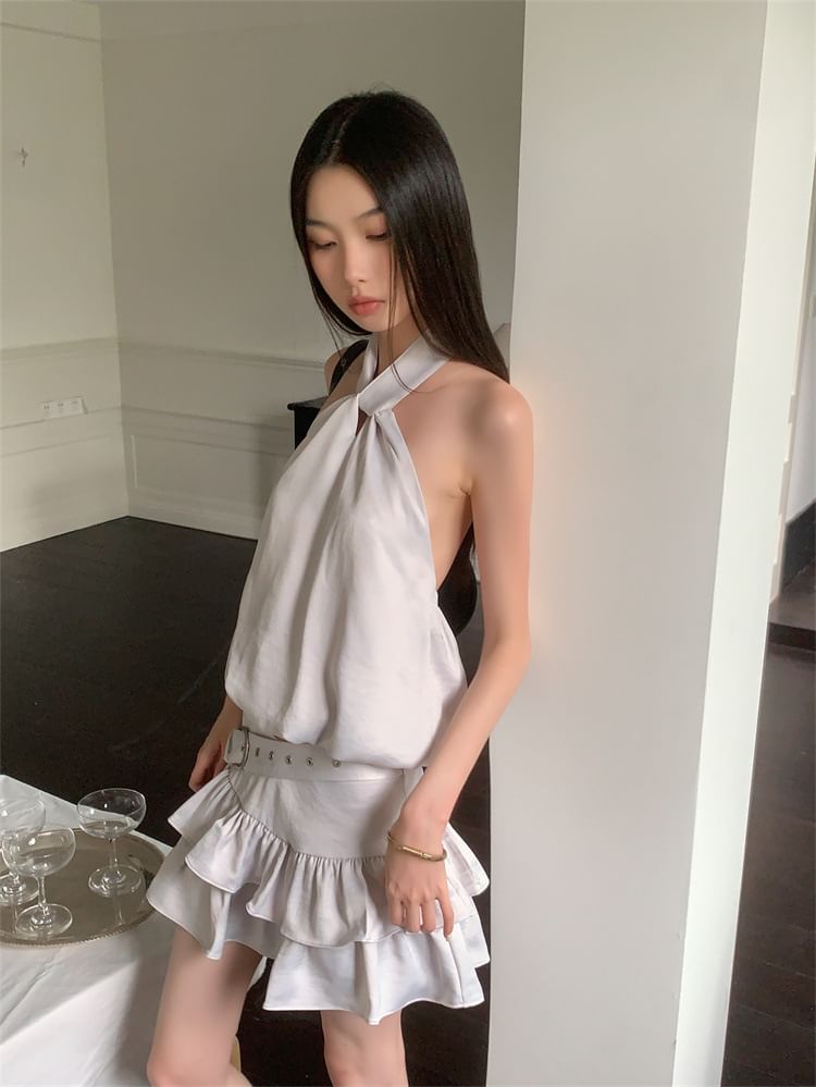 Black Halter Neck Plain Crop Top with Belt Waist Mini Tiered Skirt - Altfashion Shop