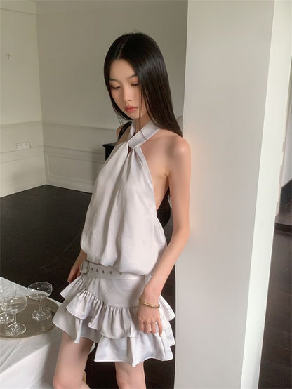 Black Halter Neck Plain Crop Top with Belt Waist Mini Tiered Skirt - Altfashion Shop