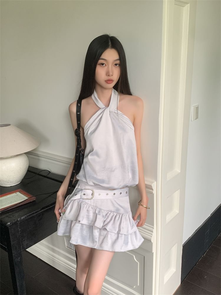 Black Halter Neck Plain Crop Top with Belt Waist Mini Tiered Skirt - Altfashion Shop