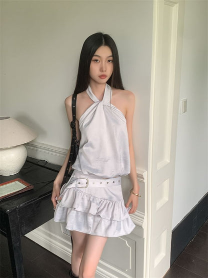 Black Halter Neck Plain Crop Top with Belt Waist Mini Tiered Skirt - Altfashion Shop