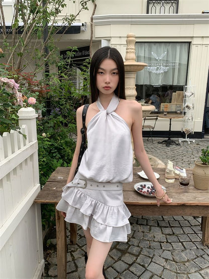 Black Halter Neck Plain Crop Top with Belt Waist Mini Tiered Skirt - Altfashion Shop