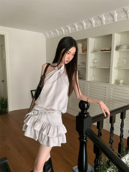 Black Halter Neck Plain Crop Top with Belt Waist Mini Tiered Skirt - Altfashion Shop