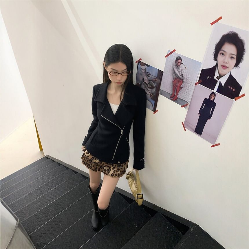 Black Collared Asymmetrical Zip-Up Plain Jacket with High Waist Leopard Print Tiered Mini A-Line Skirt - Altfashion Shop