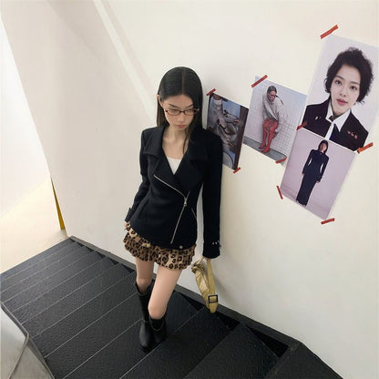 Black Collared Asymmetrical Zip-Up Plain Jacket with High Waist Leopard Print Tiered Mini A-Line Skirt - Altfashion Shop