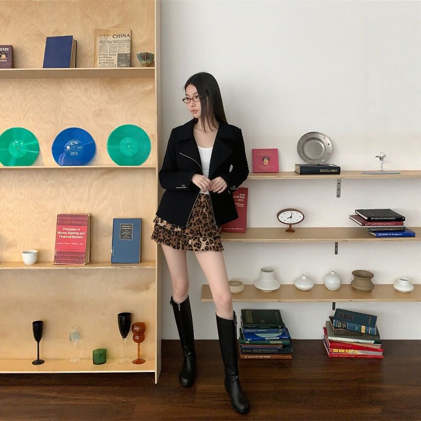 Black Collared Asymmetrical Zip-Up Plain Jacket with High Waist Leopard Print Tiered Mini A-Line Skirt - Altfashion Shop