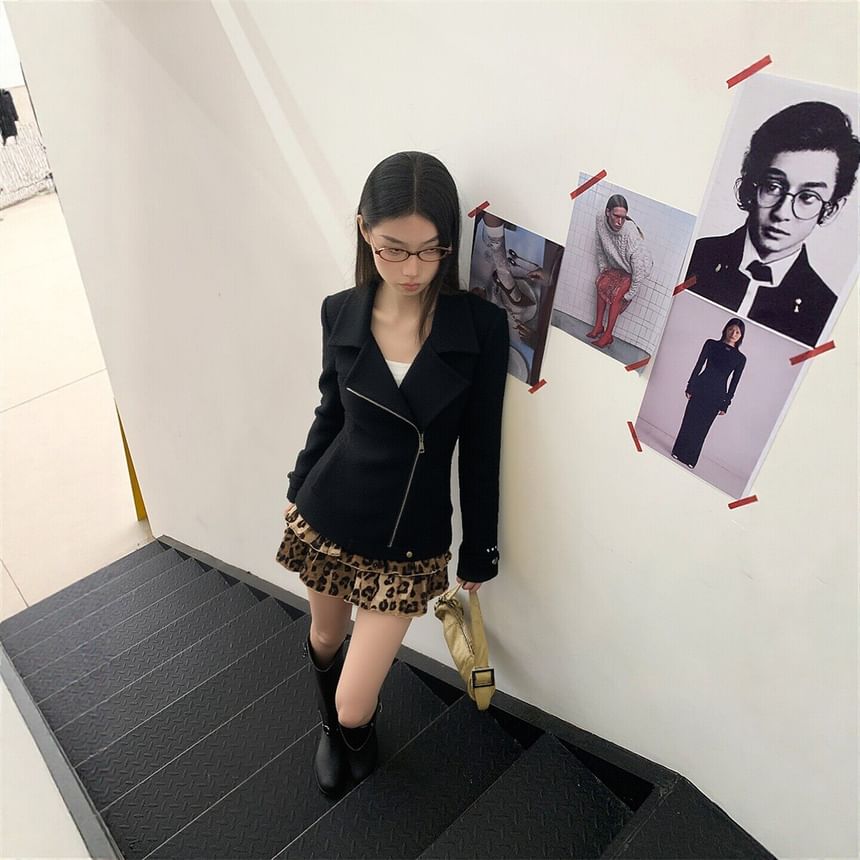 Black Collared Asymmetrical Zip-Up Plain Jacket with High Waist Leopard Print Tiered Mini A-Line Skirt - Altfashion Shop