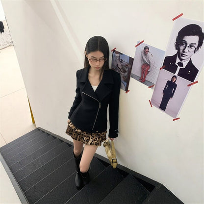 Black Collared Asymmetrical Zip-Up Plain Jacket with High Waist Leopard Print Tiered Mini A-Line Skirt - Altfashion Shop