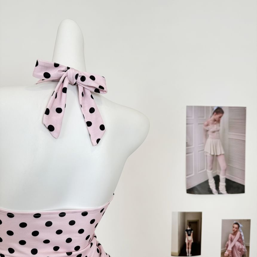 Black Halter V-Neck Polka Dot Open Back Slim Fit Top with High Waist Plain Mini Pencil Skirt - Altfashion Shop