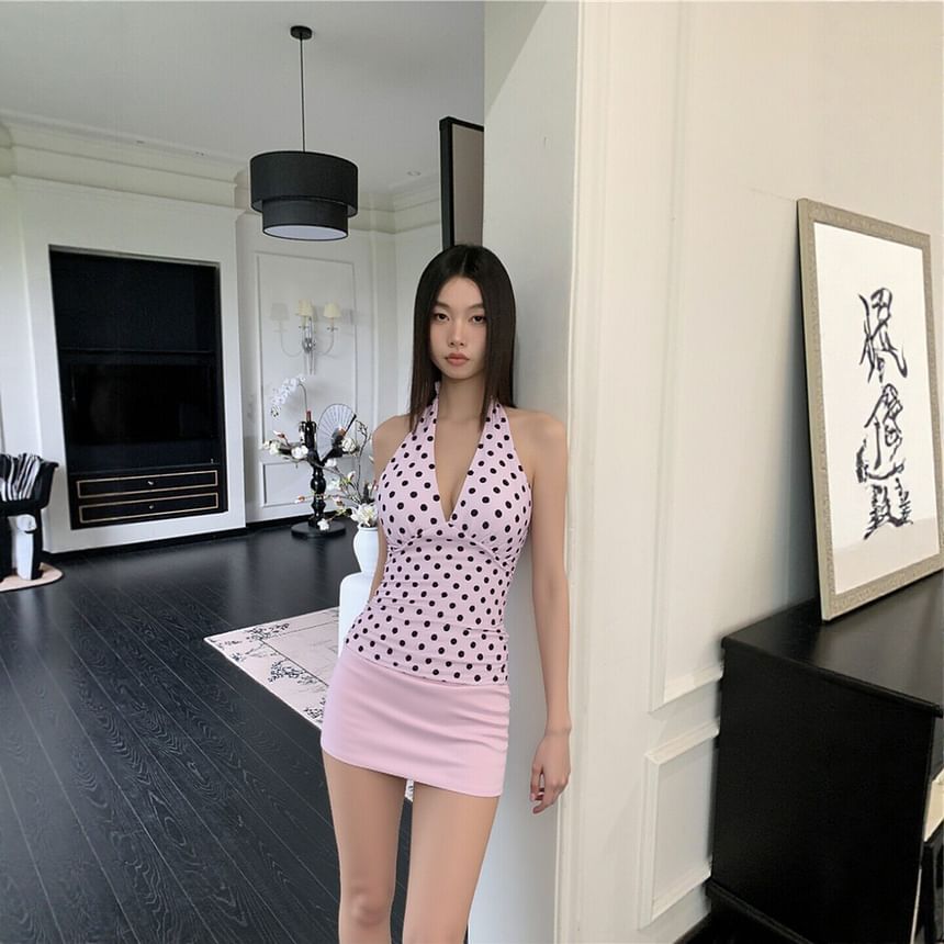 Black Halter V-Neck Polka Dot Open Back Slim Fit Top with High Waist Plain Mini Pencil Skirt - Altfashion Shop