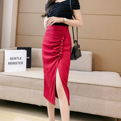 Black High Waist Plain Ruched Slit Midi Pencil Skirt - Altfashion Shop