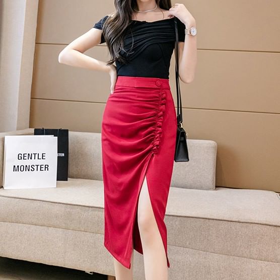 Black High Waist Plain Ruched Slit Midi Pencil Skirt - Altfashion Shop