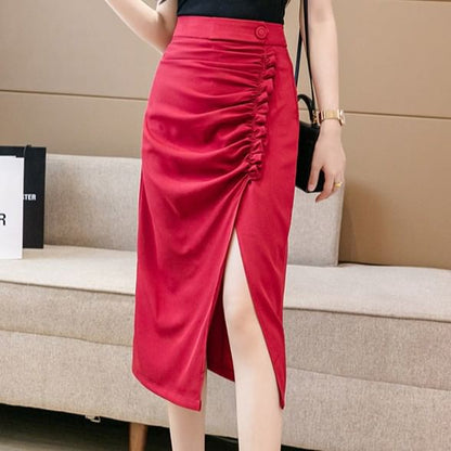 Black High Waist Plain Ruched Slit Midi Pencil Skirt - Altfashion Shop