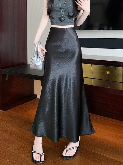 Black High Waist Plain Satin Maxi A-Line Skirt - Altfashion Shop
