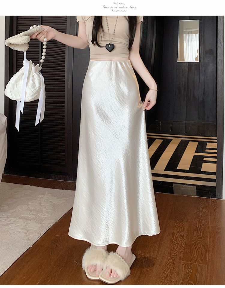 Black High Waist Plain Satin Maxi A-Line Skirt - Altfashion Shop