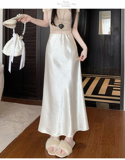 Black High Waist Plain Satin Maxi A-Line Skirt - Altfashion Shop