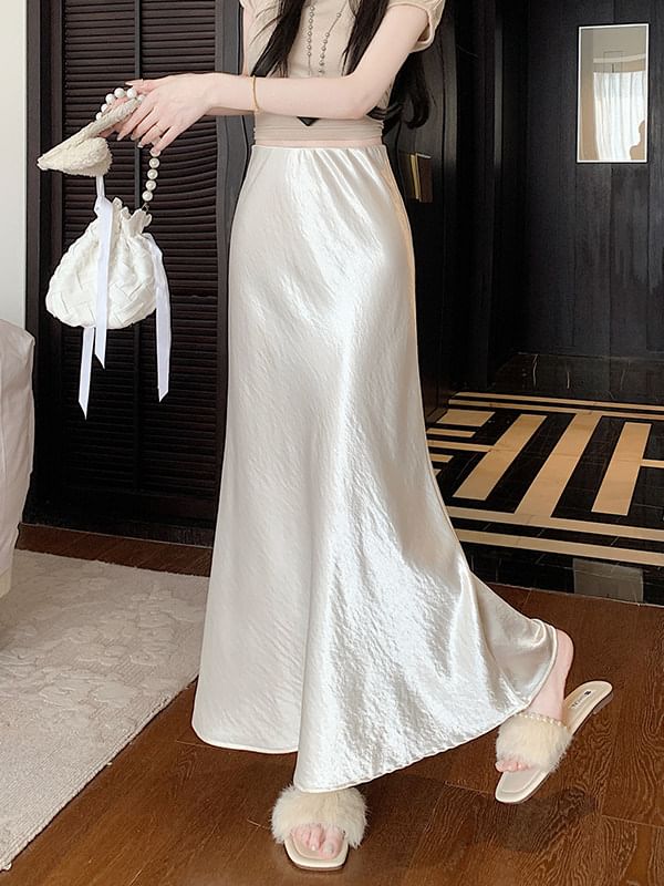 Black High Waist Plain Satin Maxi A-Line Skirt - Altfashion Shop