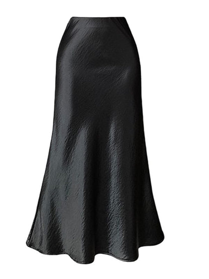Black High Waist Plain Satin Maxi A-Line Skirt - Altfashion Shop