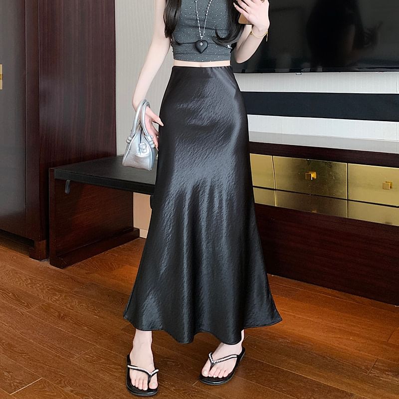 Black High Waist Plain Satin Maxi A-Line Skirt - Altfashion Shop