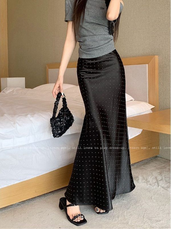 Black High Waist Micro Dotted Satin Maxi Mermaid Skirt - Altfashion Shop