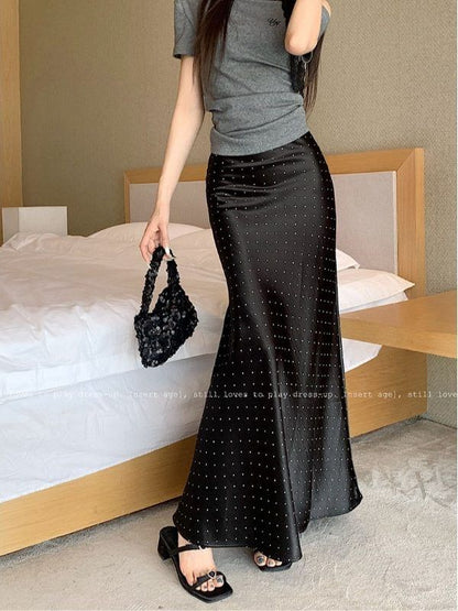 Black High Waist Micro Dotted Satin Maxi Mermaid Skirt - Altfashion Shop