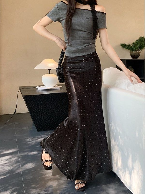 Black High Waist Micro Dotted Satin Maxi Mermaid Skirt - Altfashion Shop