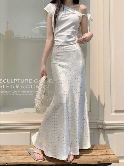 Black High Waist Micro Dotted Satin Maxi Mermaid Skirt - Altfashion Shop