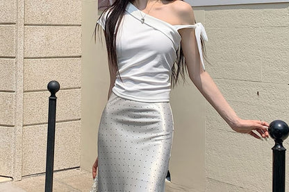 Black High Waist Micro Dotted Satin Maxi Mermaid Skirt - Altfashion Shop
