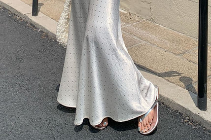 Black High Waist Micro Dotted Satin Maxi Mermaid Skirt - Altfashion Shop