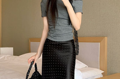 Black High Waist Micro Dotted Satin Maxi Mermaid Skirt - Altfashion Shop